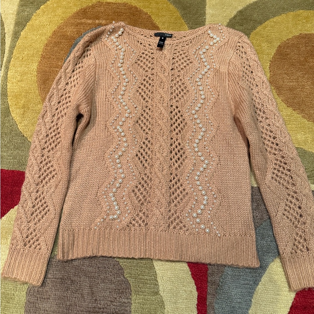Aqua Bloomingdales Tan Pearl Cable Knit Sweater Crewneck Women’s Size Medium